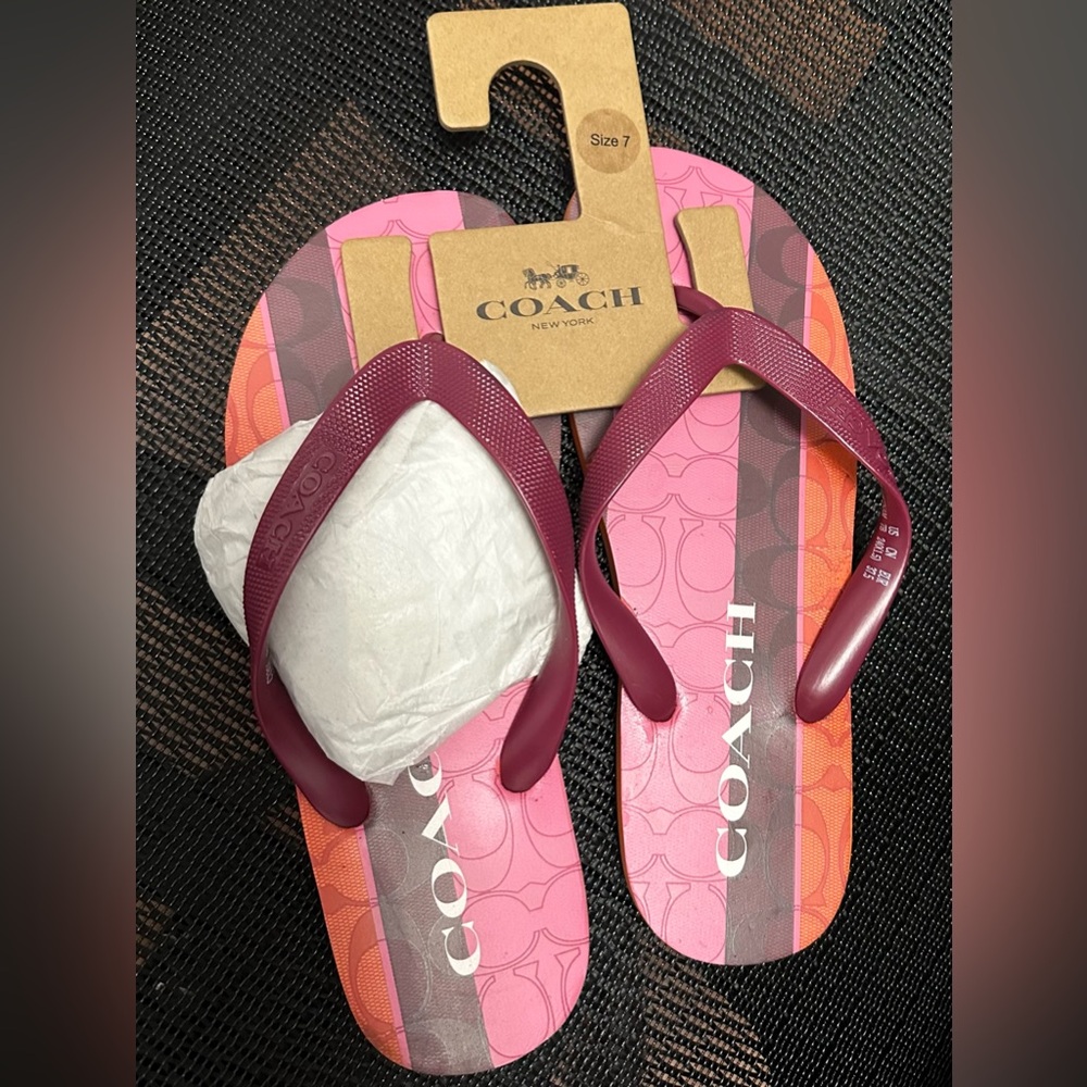 Coach Pink & Burgundy Logo Flip Flops - Zak Signature